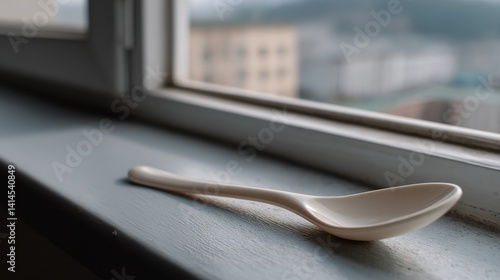 Obraz na płótnie An elegant white ceramic spoon rests on a windowsill, inviting contemplation of simplicity and everyday beauty against a blurred urban backdrop. w salonie