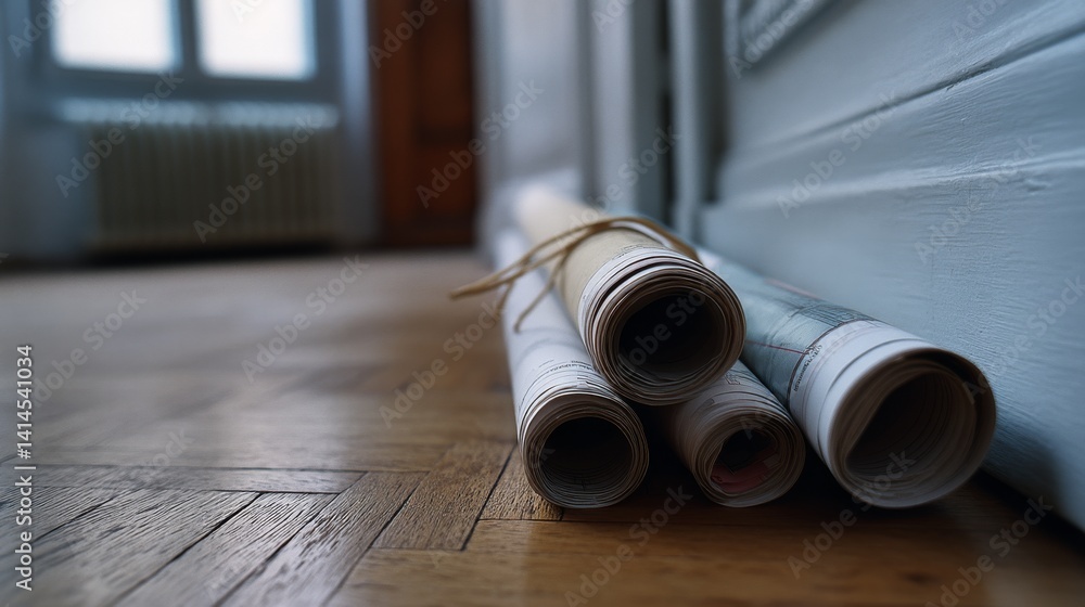 Rolled architectural plans sit on the polished wooden floor of a sunlit room, signifying creativity and planning.