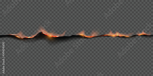 Paper burn border, vector realistic flaming paper side with fire and black ash overlay effect on transparent background