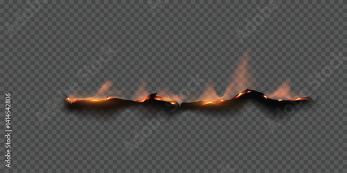 Vector illustration of realistic burnt paper edge with fire and charred edges.