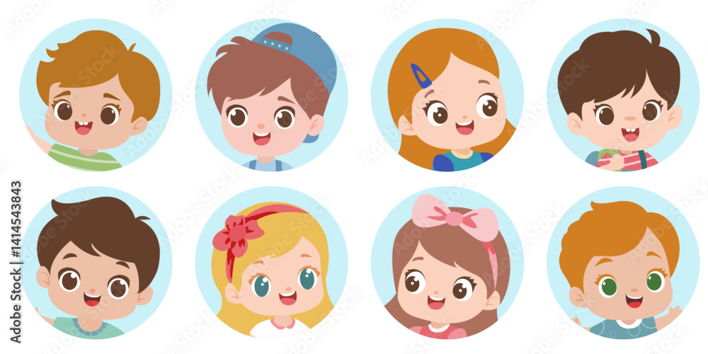 Kids Avatars collection. Funny user profile for children, person icon. Cute faces of boys and girls. Preschool and school children Portrait for social media profiles, icons, screensavers Kids Avatars collection. Funny user profile for children, person icon. Cute faces of boys and girls. Preschool and school children Portrait for social media profiles, icons, screensavers