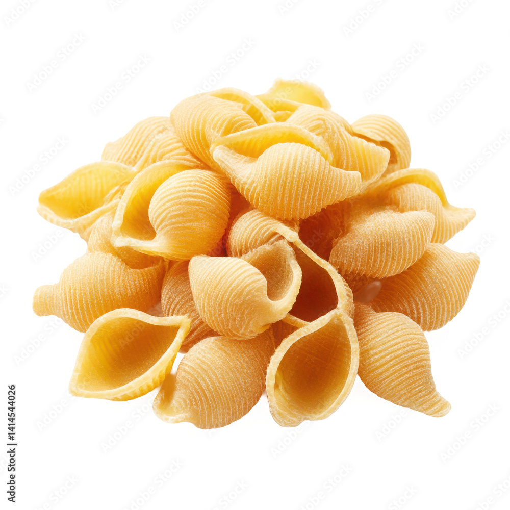 A close up view of a pile of uncooked conchiglie pasta shells stacked up A close up view of a pile of uncooked conchiglie pasta shells stacked up