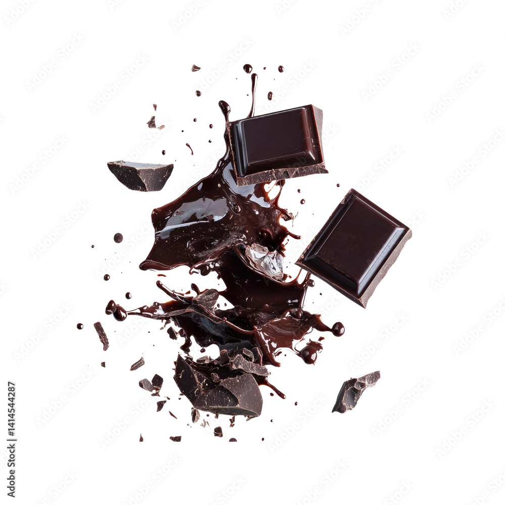 Fototapeta premium Dark Chocolate Explosion Melted Chocolate with Chunks in Motion