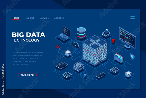 Big data technology isometric landing page. Information storage and analysis system. Cloud database service. Isometric technology