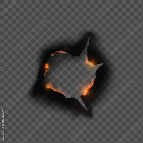 Paper burn hole vector frame, overlay flaming paper round border with fire and black ash on transparent background