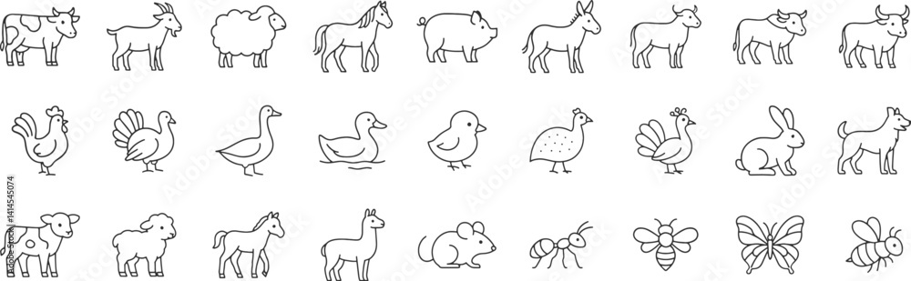 Naklejka premium Farm animals line icon set. Vector pictograms of domestic goose, turkey, chick, duckling, duck, sheep, horse, pig, donkey, ox, thin linear illustration.