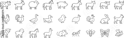 Farm animals line icon set. Vector pictograms of domestic goose, turkey, chick, duckling, duck, sheep, horse, pig, donkey, ox, thin linear illustration.