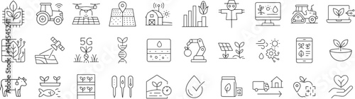 Agriculture technology line icon set. Vector pictograms of agri-tech drone, robot, tractor, chip, sensor, irrigation, biotech,thin linear illustration.