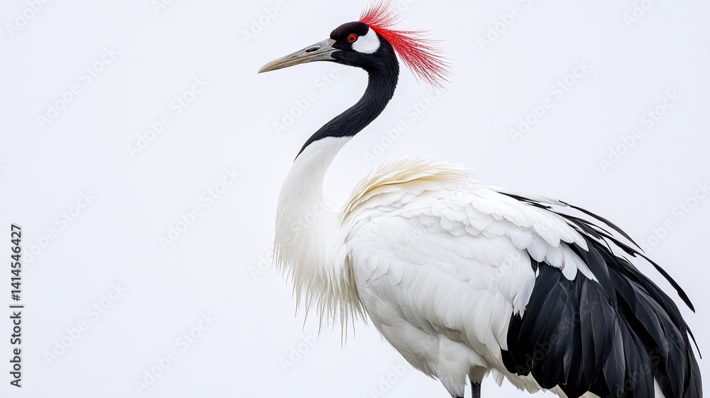 Elegant crane with black and white plumage and red crown, standing tall against white background, embodying grace. Elegant crane with black and white plumage and red crown, standing tall against white background, embodying grace.