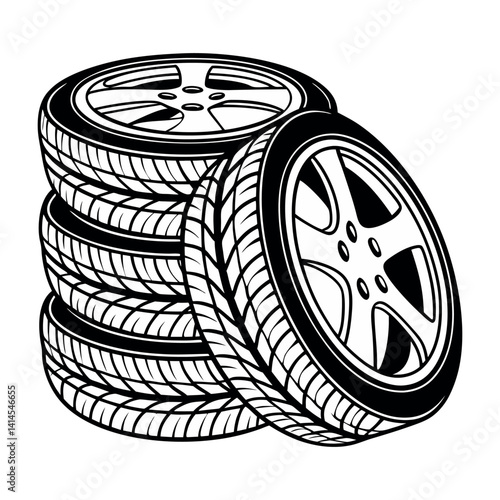 Black car wheel and tire, an isolated 3d rubber auto object for vehicle transportation
