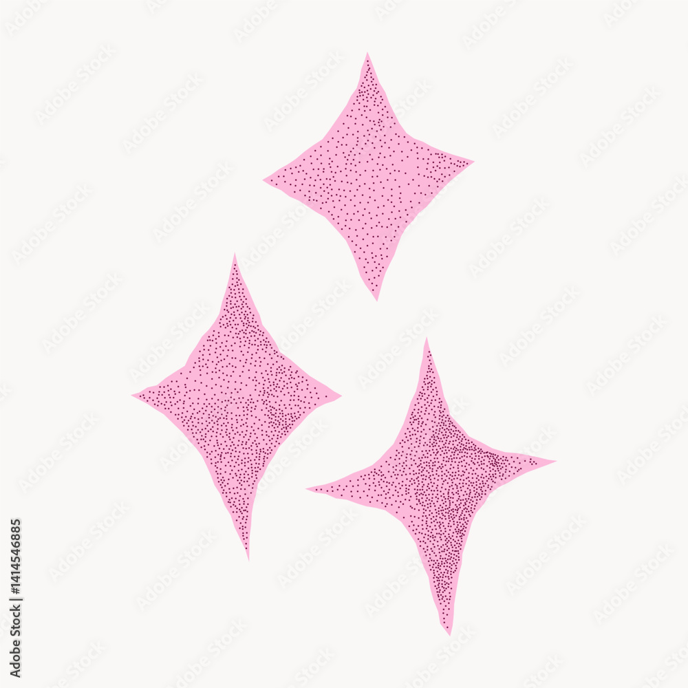 Obraz premium Abstract vivid collage cutout with jagged torn edges on white background. Pastel pink crumpled paper with gritty texture and halftone pattern, stars.