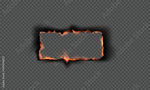 Illustration of Realistic rectangular frame made of burnt paper with flame and charred edges.