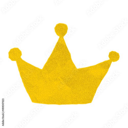 Crumpled yellow paper crown cutout on white background. Jagged edges, notebook sheet, gritty dotted texture, halftone gold royalty element.
