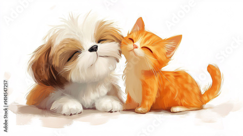 n adorable Shih Tzu and an orange cat share a joyful moment.