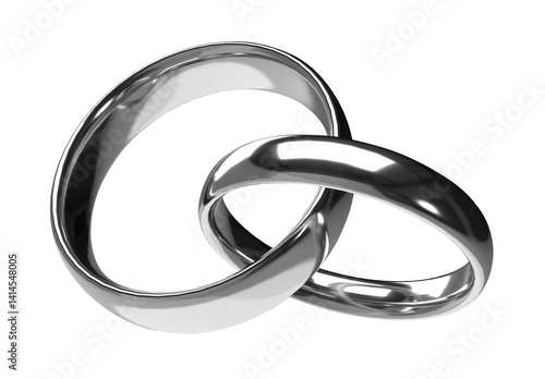 Silver wedding rings. 3D rings illustration for Valentines day. Symbols of love and fidelity. Male and female platinum ring interlocked with each other