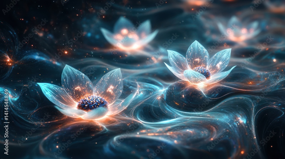 Fototapeta premium Glowing Lotus Flowers in a Dreamlike, Abstract Digital Artwork