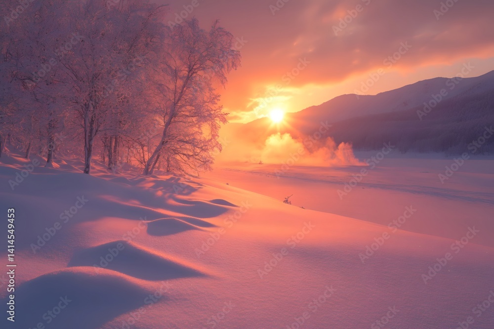 Warm snow scenery in the sunset glow Warm snow scenery in the sunset glow