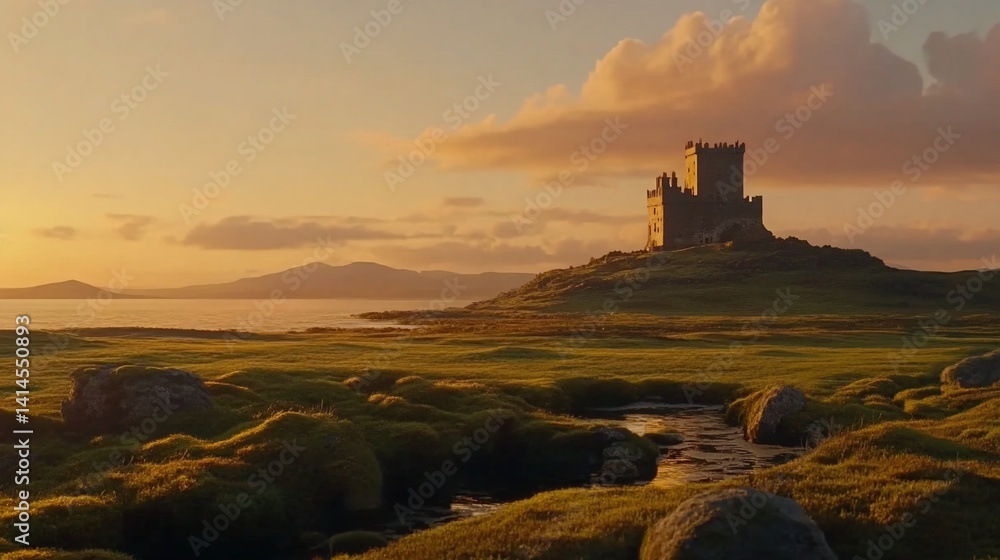 Obraz premium Coastal castle at golden sunset