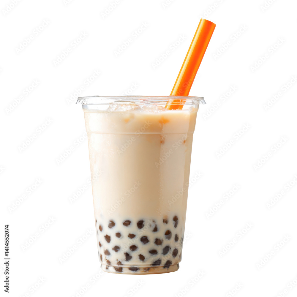 A refreshing boba tea beverage with tapioca pearls and an orange straw inside A refreshing boba tea beverage with tapioca pearls and an orange straw inside