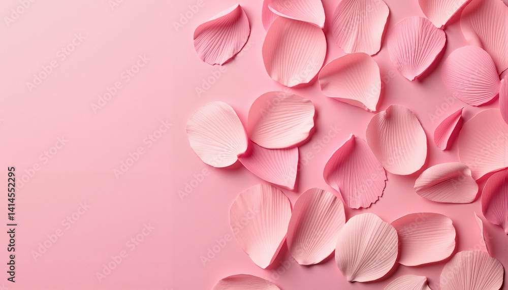Obraz premium Delicate rose petals scattered on pink background, elegant simplicity