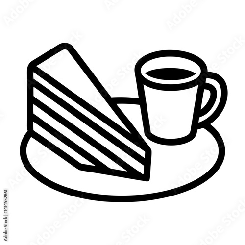 Black And White Outline Illustration Of Cake Slice And Coffee Cup On Plate