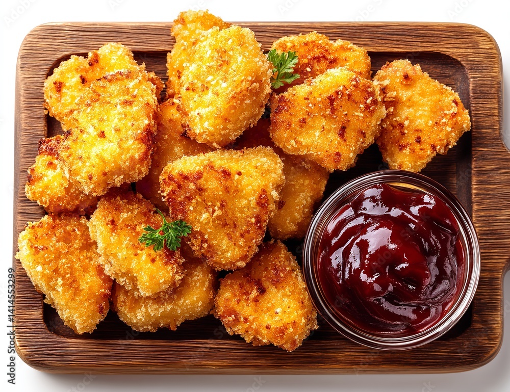 Tray of Crispy Chicken Nuggets with Sauce on Wooden Board – Top View, Isolated on White Background, Perfect for Food Photography Tray of Crispy Chicken Nuggets with Sauce on Wooden Board – Top View, Isolated on White Background, Perfect for Food Photography