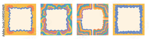 Square Groovy frame jagged scallop edge frame text box or border. Rainbow spreading multicolored lines. Curve funky y2k retro form.