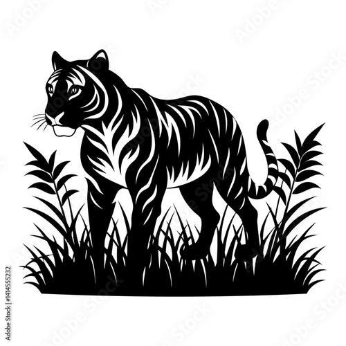 Black silhouette of a tiger walking through tall grass isolated on transparent background