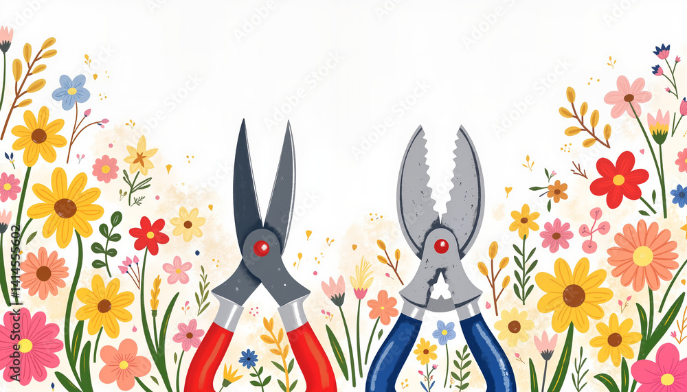 Garden tools surrounded by colorful flowers