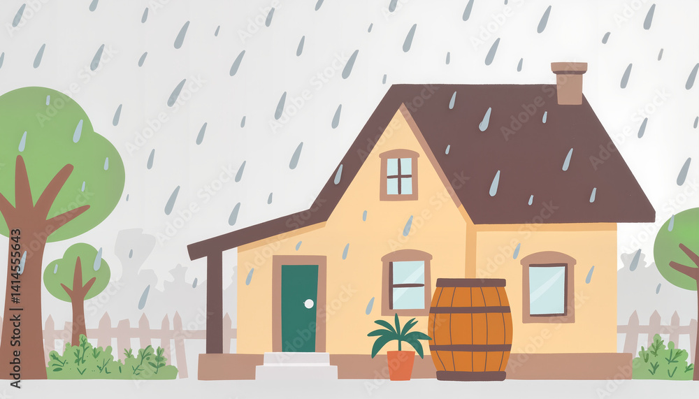 Cozy house in the rain with trees and a wooden barrel