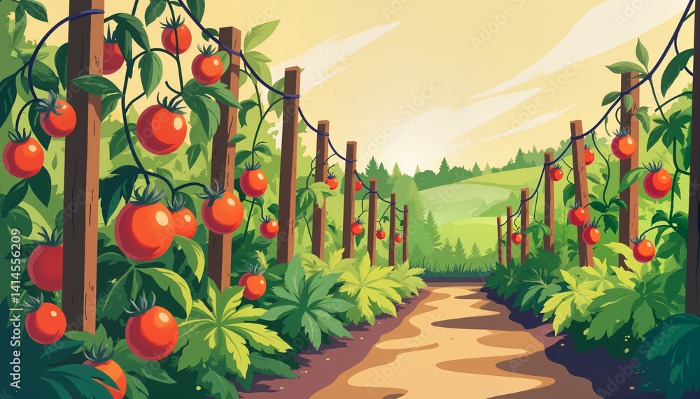 Vibrant tomato field in a sunny landscape
