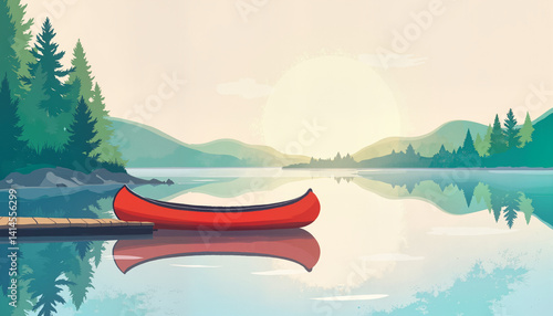 Serene canoe on calm lake at sunrise with lush trees  