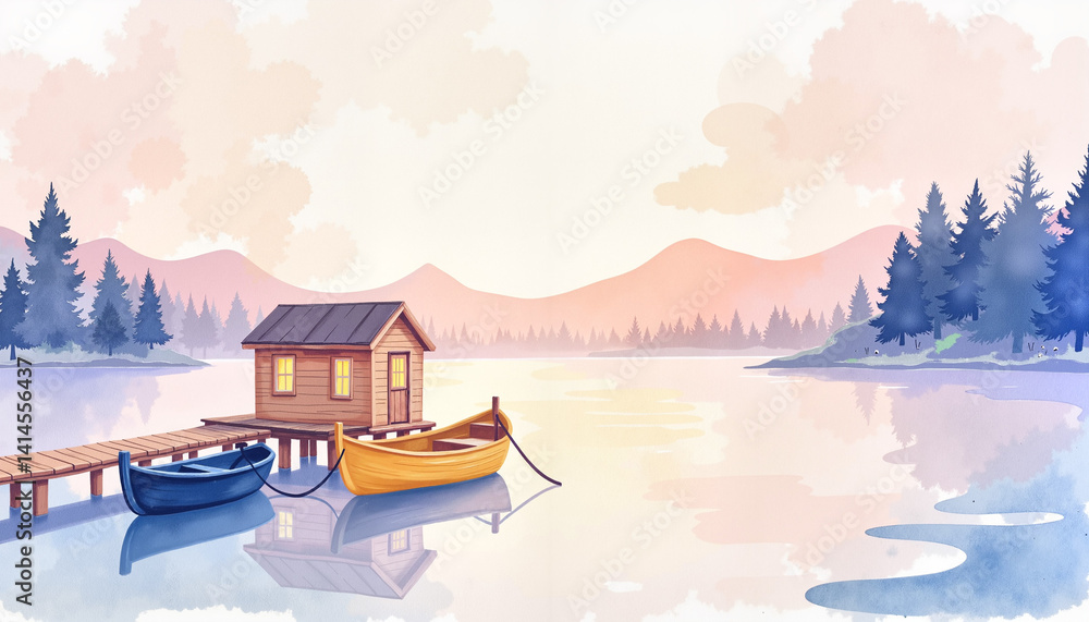 Serene lakeside cabin with boats on calm water at sunrise