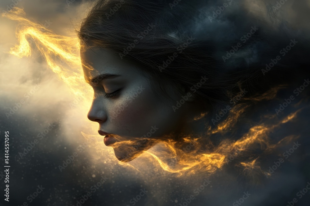 Dreamlike portrait blending human features with ethereal light and clouds at dusk Dreamlike portrait blending human features with ethereal light and clouds at dusk