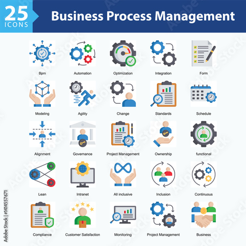 Business Process Management features a collection of icons in a sheet format representing operational efficiency, project management, automation, and process compliance in modern business.