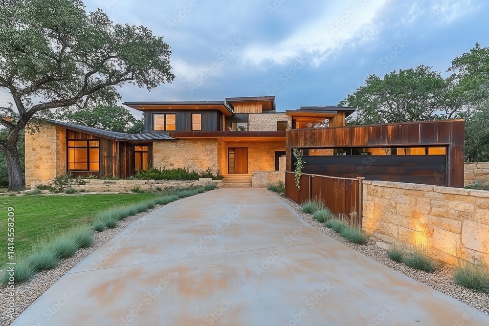 Luxurious Modern Home Exterior with Stone Facade and Expansive Driveway at Dusk, Capturing Architectural Elegance and Warm Lighting Luxurious Modern Home Exterior with Stone Facade and Expansive Driveway at Dusk, Capturing Architectural Elegance and Warm Lighting