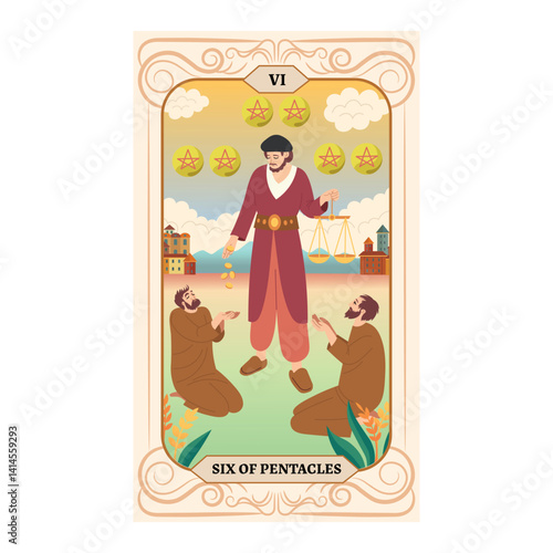 Minor Arcana. SIX OF PENTACLES tarot card design. Hand drawn cartoon linear flat style. 6 of Pentacles