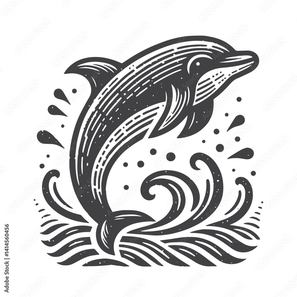 Naklejka premium Simple Dolphin Leaping Out of Water Vector Icon Design – Vintage Retro Logo & Illustration