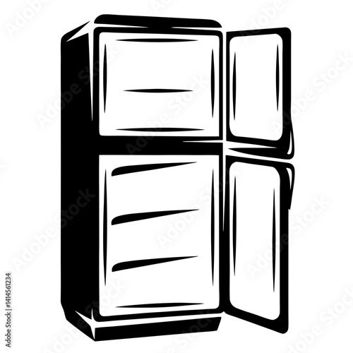 A vintage style black and white refrigerator with both doors open