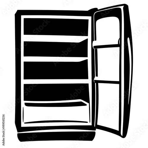 Stylized black and white illustration of an empty refrigerator with its door open