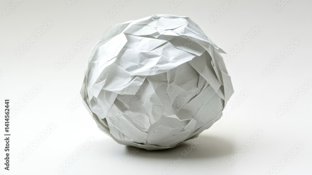 Crumpled paper ball against a bright white background studio shot showcasing texture and detail in a minimalist style Crumpled paper ball against a bright white background studio shot showcasing texture and detail in a minimalist style