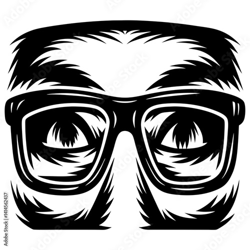 Abstract face with glasses and hair in black and white vector illustration
