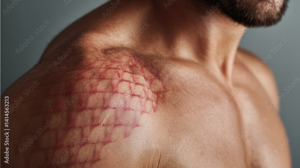 Naklejka premium close up of man shoulder showing unique skin pattern resembling grid, Shingles disease concept