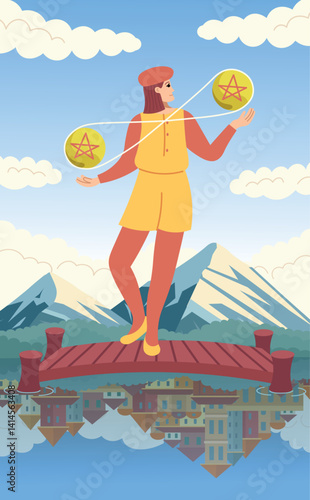 Minor Arcana. Two of Pentacles tarot card design. Hand drawn cartoon linear flat style. 2 of Pentacles
