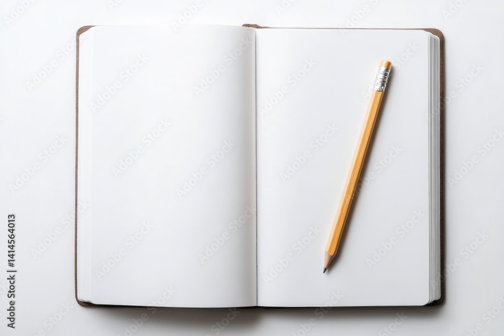 Blank pages invite creativity, with simple pencil resting nearby Blank pages invite creativity, with simple pencil resting nearby