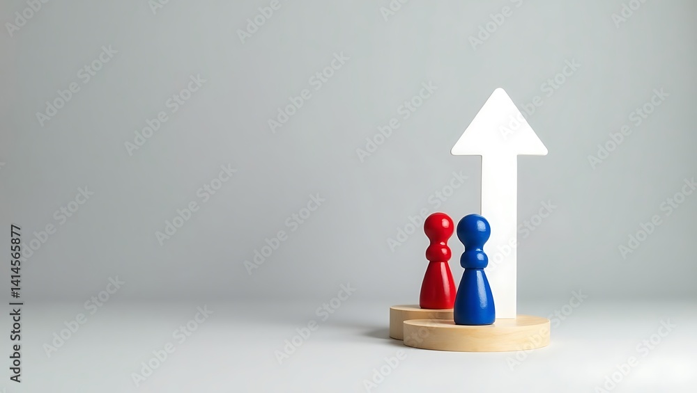 Red and Blue Figurines with Upward Arrow Symbol of Collaboration and Growth Red and Blue Figurines with Upward Arrow Symbol of Collaboration and Growth