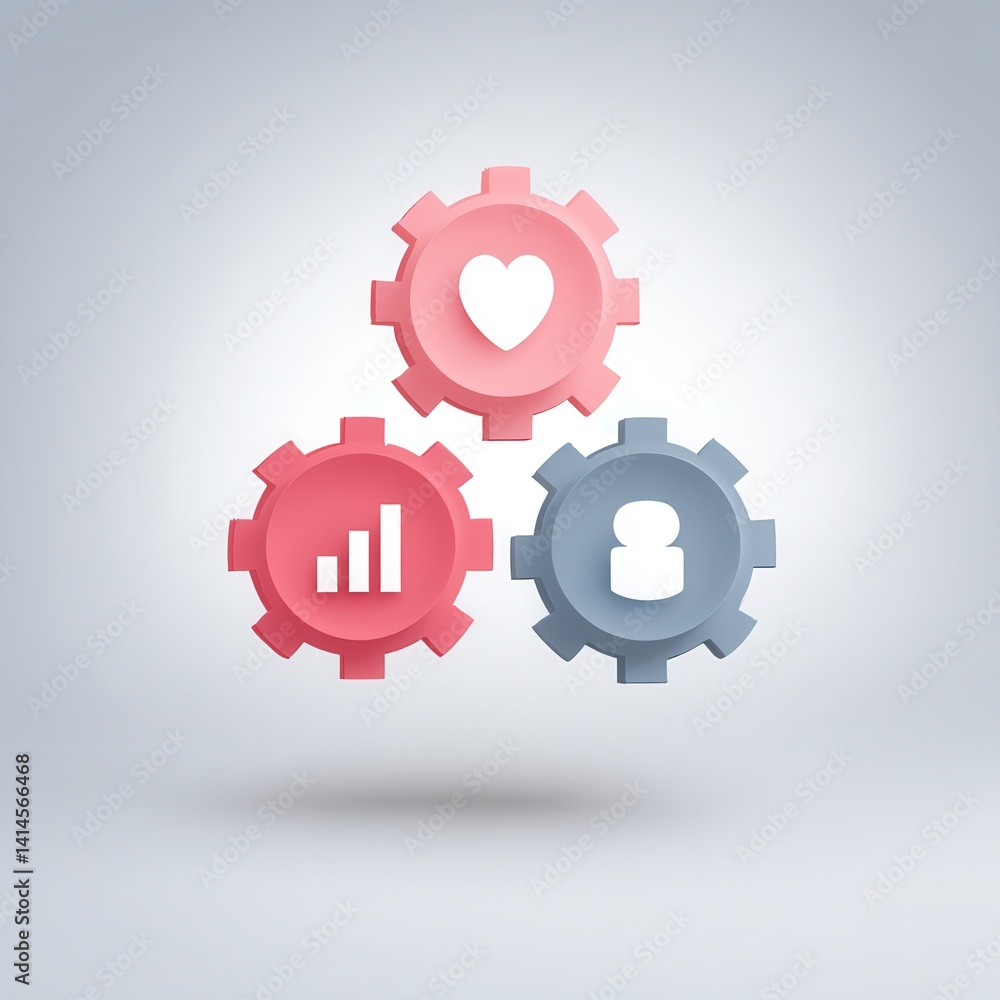 Three stylized gears in pink and blue, representing concepts of love, data, and user engagement in a modern, minimalistic design. Three stylized gears in pink and blue, representing concepts of love, data, and user engagement in a modern, minimalistic design.