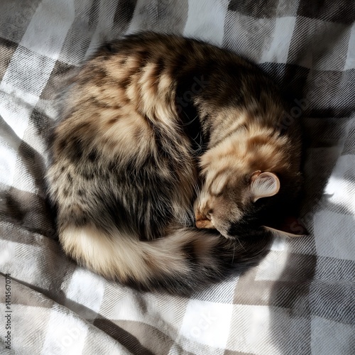 Fluffy tabby cat, curled up, sleeps on a soft checkered blanket, illuminated by bright morning light from the window, creating shadows