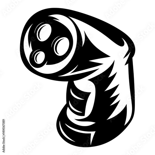 Monochrome tattoo style graphic of a movie film reel or projector
