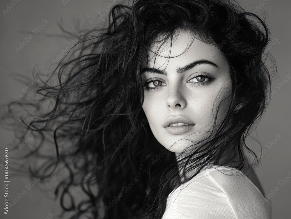 Naklejka premium Black and White Portrait of a Woman with Windblown Hair